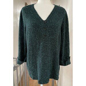 EUC Vintage-Inspired Green Bouclé Knit V-Neck Pullover With Button Detail